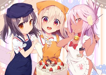 apron bell bow cake chloe von einzbern choker dark skin fate/kaleid liner prisma illya fate (series) food fruit fujimaru ritsuka (female) fujimaru ritsuka (male) illyasviel von einzbern loli long hair miyu edelfelt nopan p answer strawberry