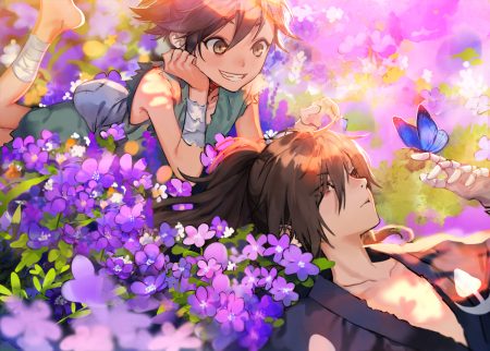 bandage brown eyes brown hair butterfly dororo dororo (character) flowers hyakkimaru japanese clothes loli long hair male otuming ponytail red eyes