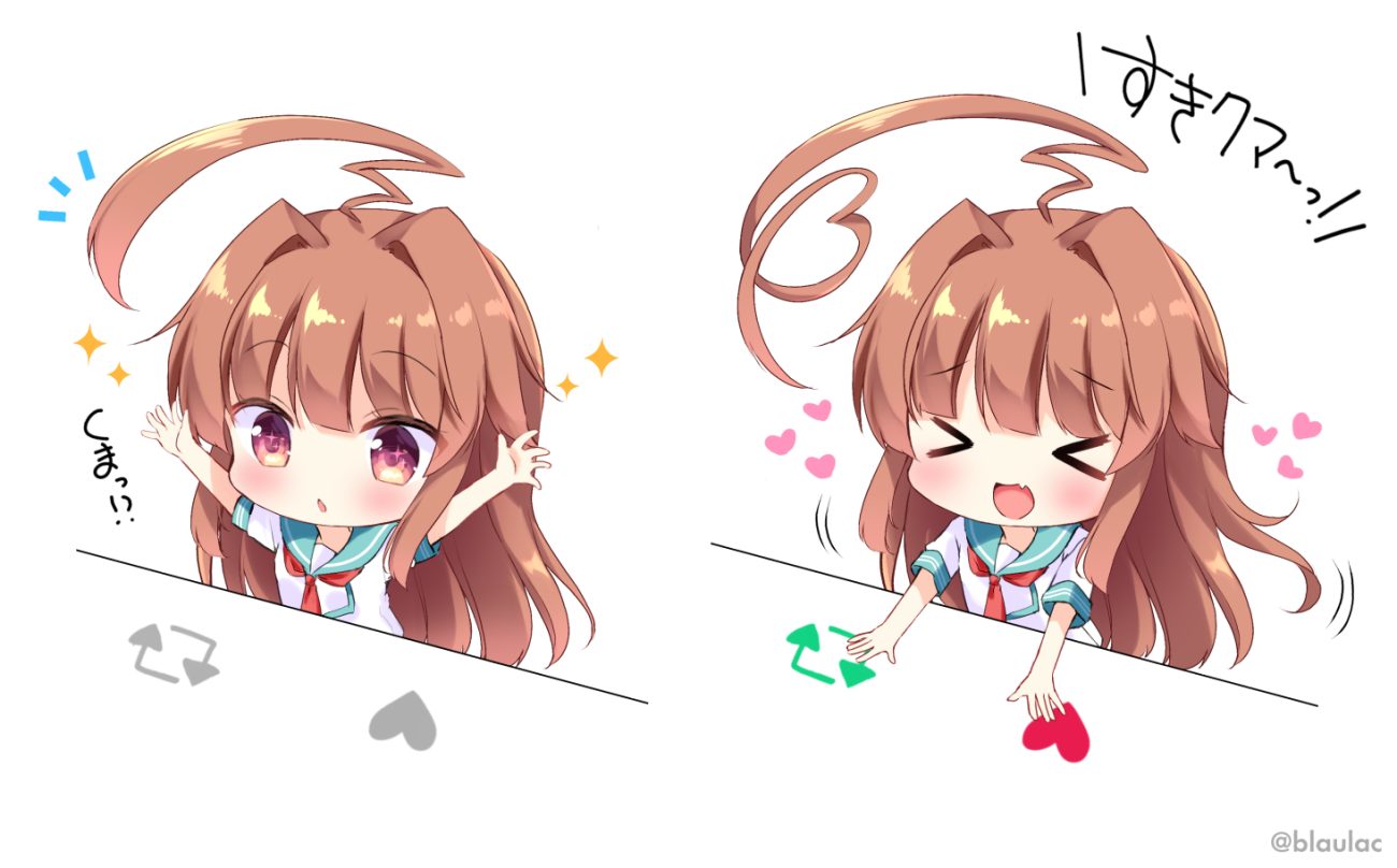 anthropomorphism blush bongo cat brown hair chibi fang kantai collection kuma (kancolle) long hair masayo (gin no ame) parody school uniform tie watermark white