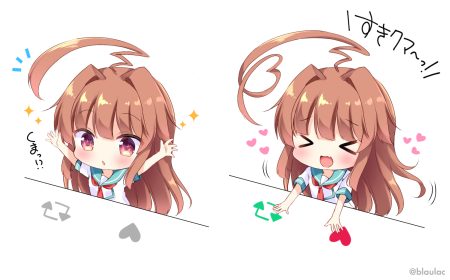anthropomorphism blush bongo cat brown hair chibi fang kantai collection kuma (kancolle) long hair masayo (gin no ame) parody school uniform tie watermark white