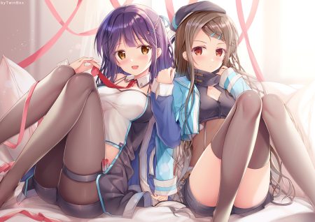 2girls anthropomorphism azur lane blush breasts brown eyes brown hair garter hat kimberly (azur lane) mullany (azur lane) pantyhose purple hair red eyes ribbons shorts sousouman thighhighs tie watermark
