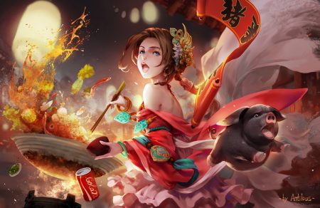 animal antilous aqua eyes brown hair chinese clothes coca cola dress food headdress night original short hair signed wristwear