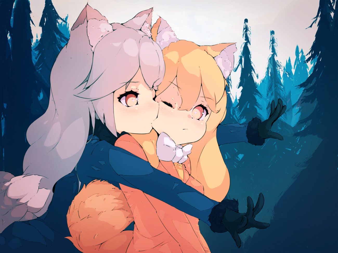 2girls animal ears anthropomorphism bakadebiru blonde hair forest foxgirl gloves gray hair kemono friends kiss long hair orange eyes red fox (kemono friends) shoujo ai silver fox (kemono friends) tail tree wink