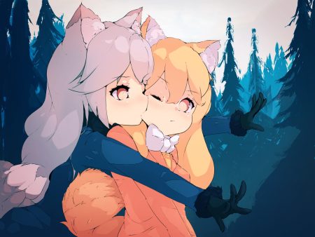 2girls animal ears anthropomorphism bakadebiru blonde hair forest foxgirl gloves gray hair kemono friends kiss long hair orange eyes red fox (kemono friends) shoujo ai silver fox (kemono friends) tail tree wink