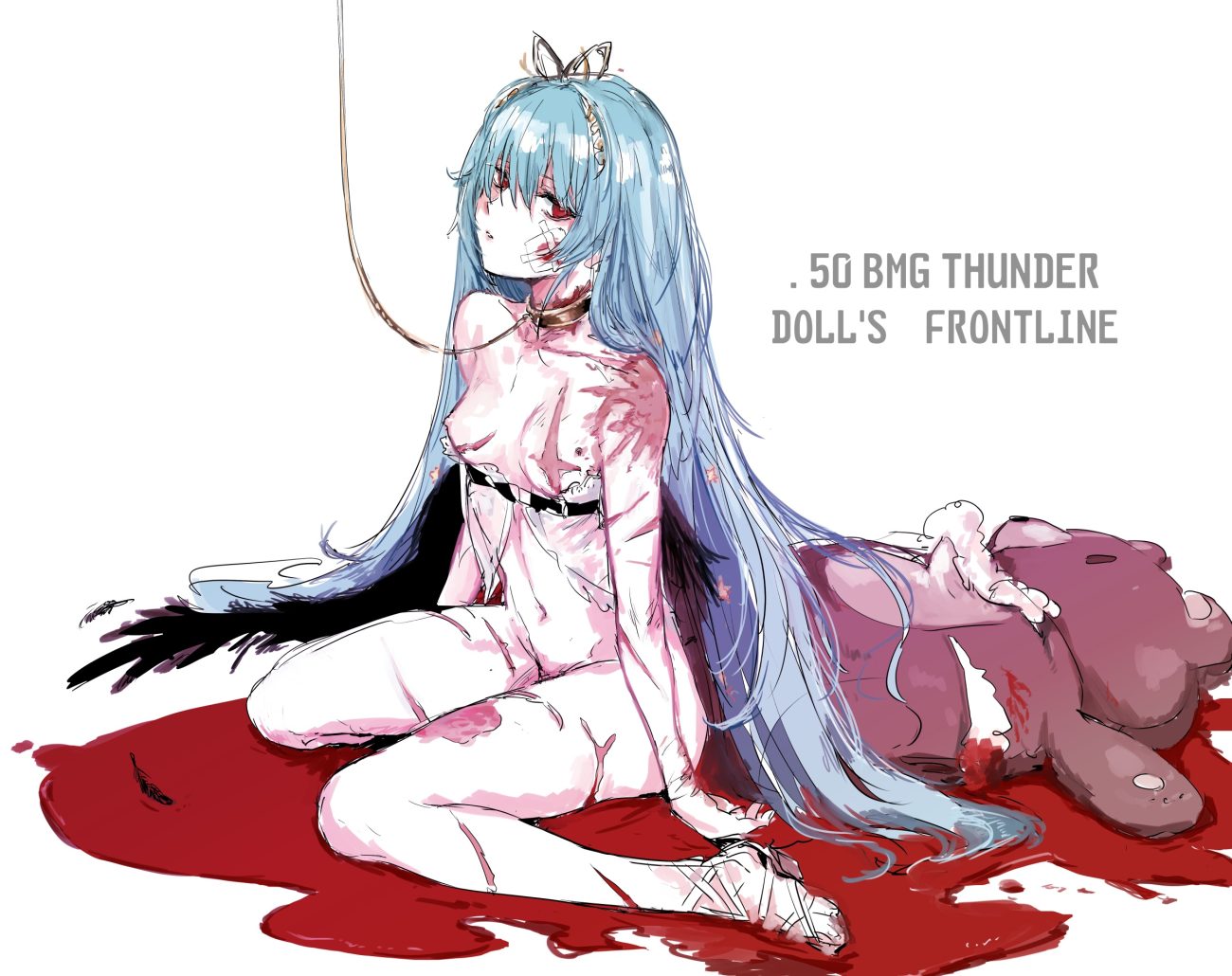 aliasing anthropomorphism bandage blood blue hair bondage breasts collar feathers girls frontline headband long hair navel nipples nude osakana (denpa yun'yun) red eyes scar sketch teddy bear thunder (girls frontline) torn clothes white wings