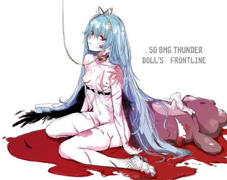 aliasing anthropomorphism bandage blood blue hair bondage breasts collar feathers girls frontline headband long hair navel nipples nude osakana (denpa yun'yun) red eyes scar sketch teddy bear thunder (girls frontline) torn clothes white wings