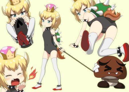 aqua eyes blonde hair bodysuit bowsette choker crown fang fire goomba horns loli ogyadya pointed ears short hair super mario bros tail tears thighhighs wristwear