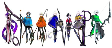 armor black hair boots bow (weapon) cape corset dress eyepatch gloves green eyes group long hair male orange eyes original purple eyes red eyes scythe short hair skirt sword thighhighs tie tsuki-shigure weapon white white hair yellow eyes
