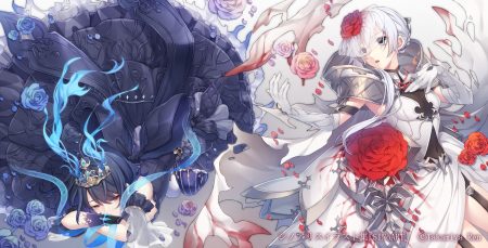 2girls alice (sinoalice) black hair bow cape elbow gloves flowers gloves goth-loli gray eyes hood lolita fashion magic petals red eyes rose short hair sinoalice snow white (sinoalice) takamiya ren tiara watermark white hair