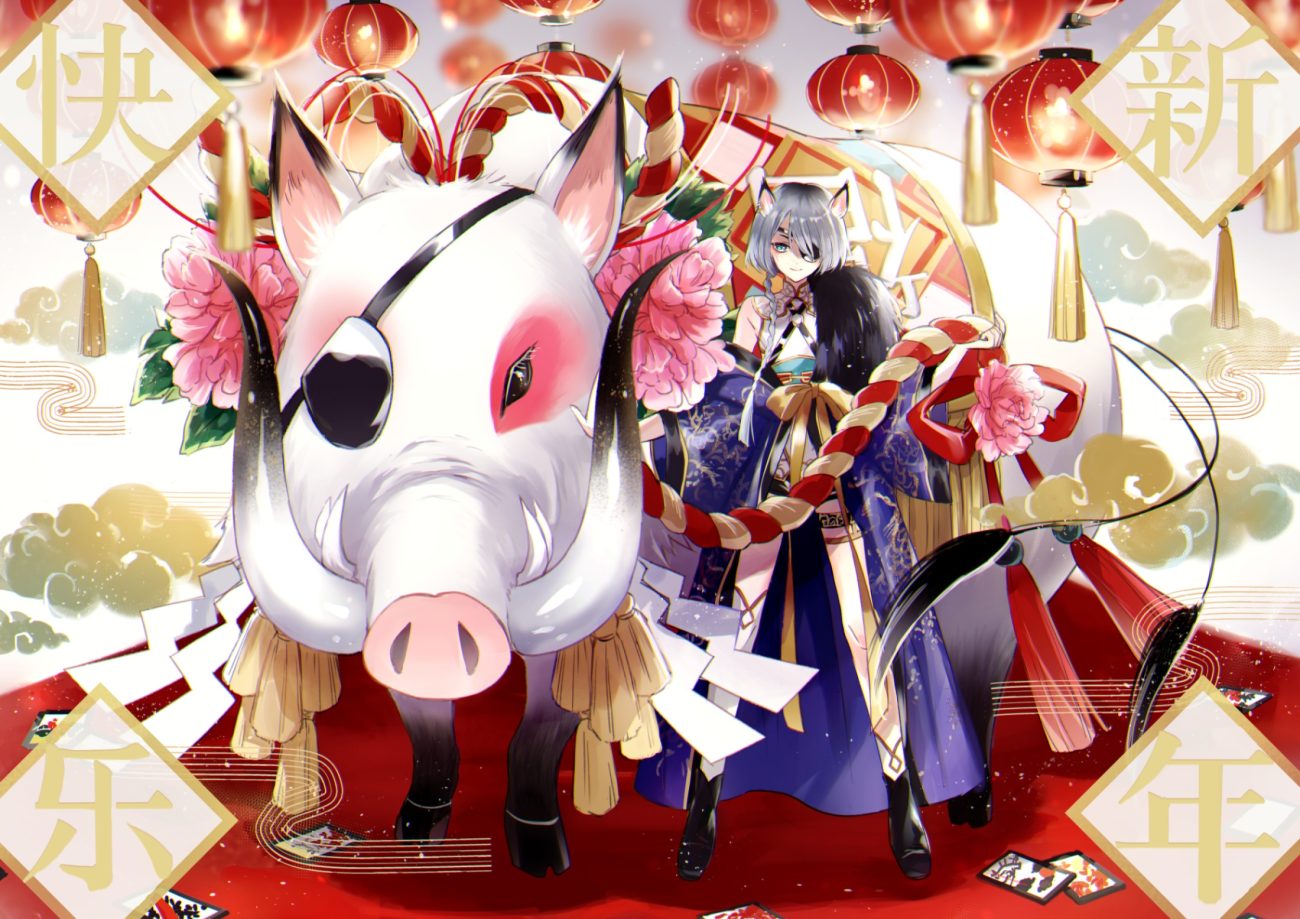 animal animal ears aqua eyes eyepatch flowers gray hair horns japanese clothes original short hair tagme (artist)
