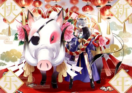 animal animal ears aqua eyes eyepatch flowers gray hair horns japanese clothes original short hair tagme (artist)