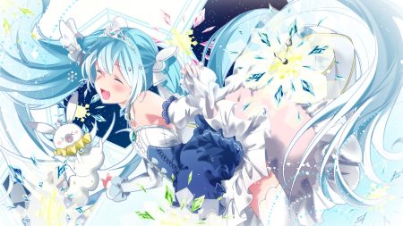 agonasubi animal aqua hair blush dress hatsune miku long hair rabbit skirt lift thighhighs tiara twintails vocaloid yuki miku yukine (vocaloid)
