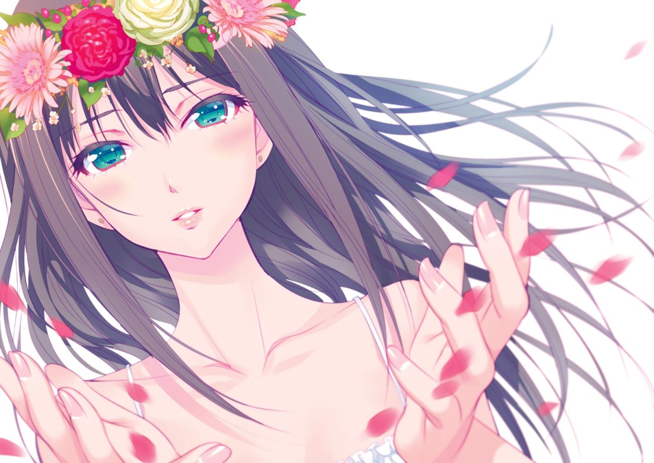 black hair close flowers green eyes headdress idolmaster idolmaster cinderella girls long hair nishimura eri petals shibuya rin waifu2x