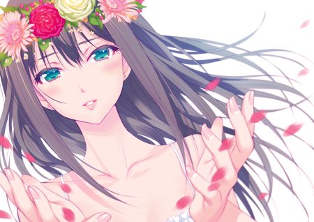 black hair close flowers green eyes headdress idolmaster idolmaster cinderella girls long hair nishimura eri petals shibuya rin waifu2x