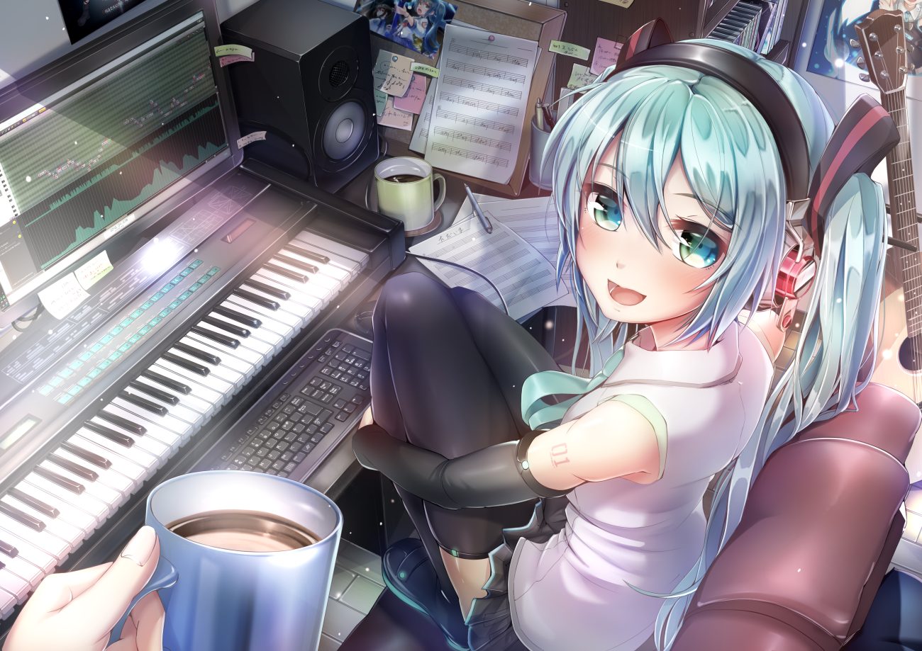 aqua eyes aqua hair computer drink guitar hatsune miku headphones imo bouya instrument long hair music paper piano skirt tattoo thighhighs twintails vocaloid