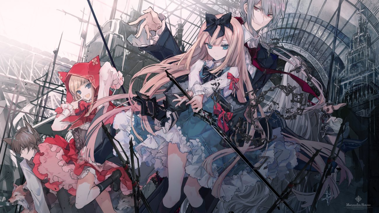 alice in wonderland alice (wonderland) big bad wolf blonde hair bow brown eyes brown hair chain gray hair group headband hood little red riding hood long hair male original ra-bit red eyes red riding hood short hair sword weapon