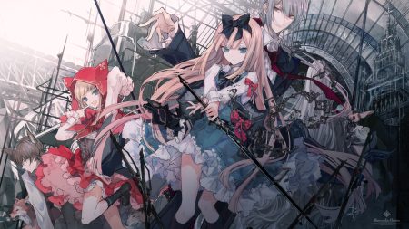 alice in wonderland alice (wonderland) big bad wolf blonde hair bow brown eyes brown hair chain gray hair group headband hood little red riding hood long hair male original ra-bit red eyes red riding hood short hair sword weapon