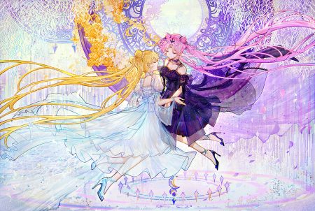 2girls bai qi-qsr black lady blonde hair bow chibiusa dress flowers long hair pink hair sailor moon see through tsukino usagi twintails wristwear