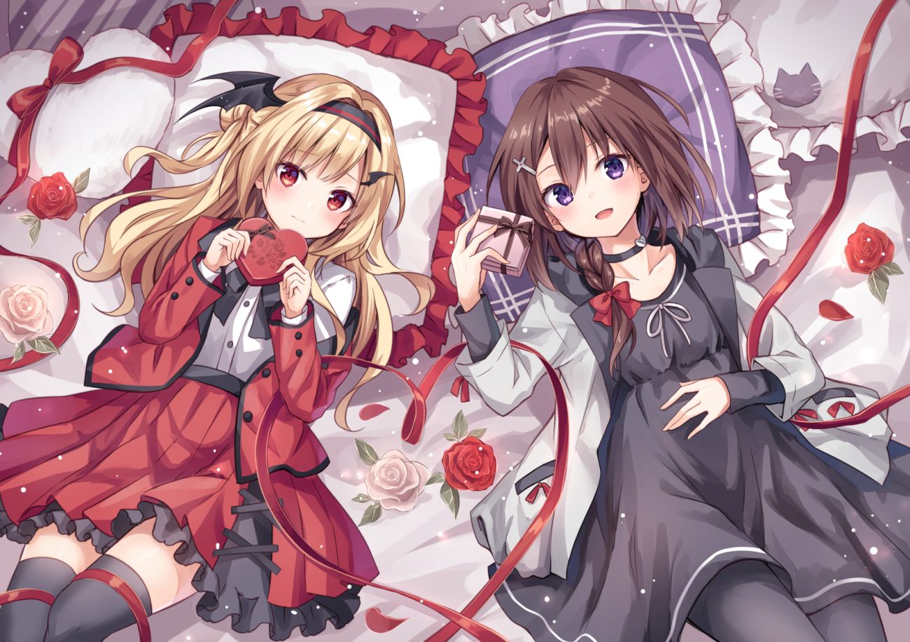 bed blonde hair blush bow braids brown hair choker dress flowers headband kure~pu long hair original pantyhose petals ponytail purple eyes red eyes ribbons rose short hair skirt thighhighs valentine