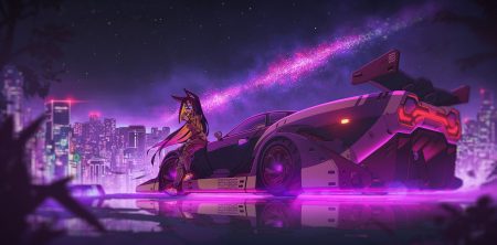 animal ears black hair bodysuit building car city daniel solovev drink long hair night original reflection sky stars
