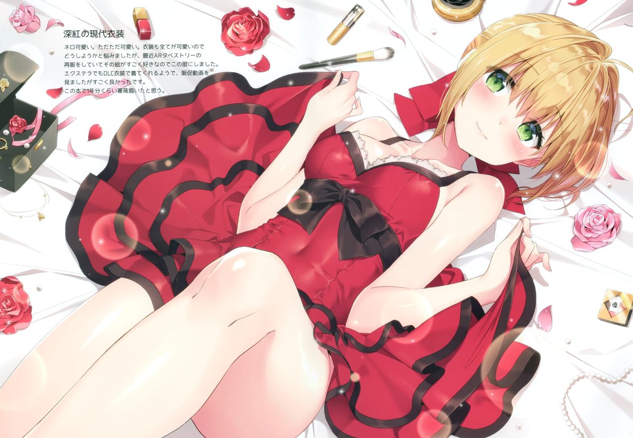 blonde hair blush bow breasts cleavage dress fate/grand order fate (series) flowers green eyes masuishi kinoto nero claudius (fate) rose scan short hair