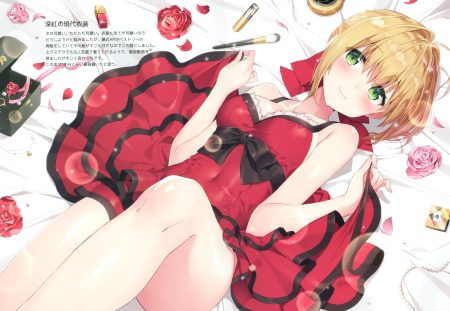 blonde hair blush bow breasts cleavage dress fate/grand order fate (series) flowers green eyes masuishi kinoto nero claudius (fate) rose scan short hair