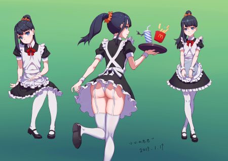 ass black hair blue eyes garter belt gradient green ponytail ssss.gridman takarada rikka thighhighs upskirt user yunm5888 waitress
