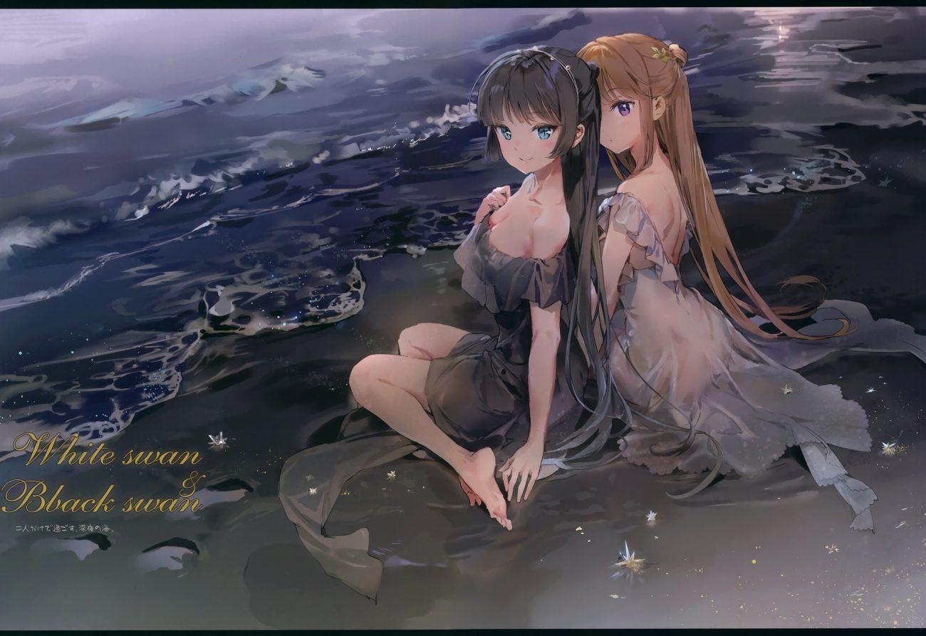 2girls anmi barefoot beach black hair breasts brown hair cleavage dress green eyes long hair original ponytail purple eyes scan water