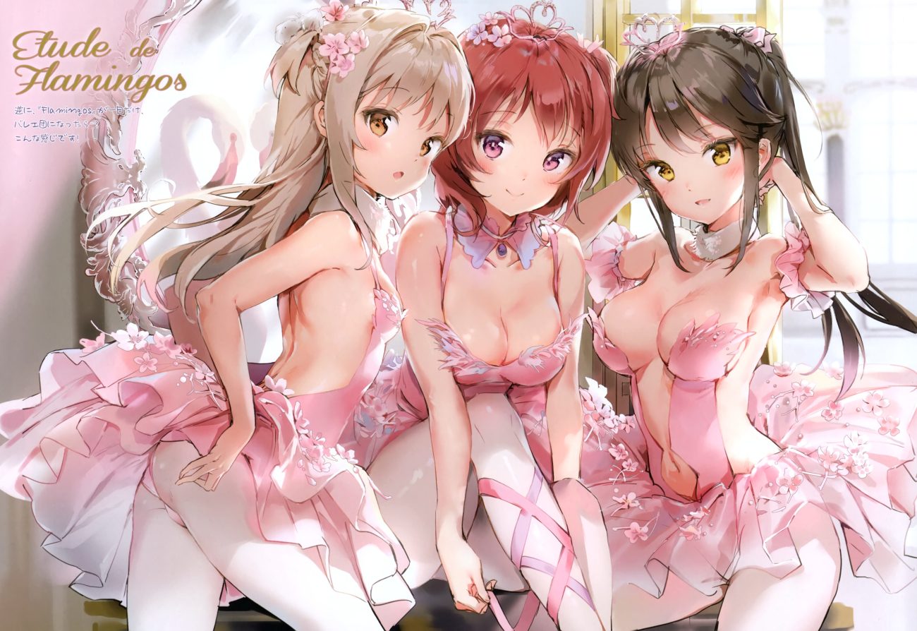anmi blonde hair blush breasts brown eyes brown hair cleavage dress flowers long hair navel original panties pantyhose ponytail purple eyes red hair scan short hair underwear yellow eyes