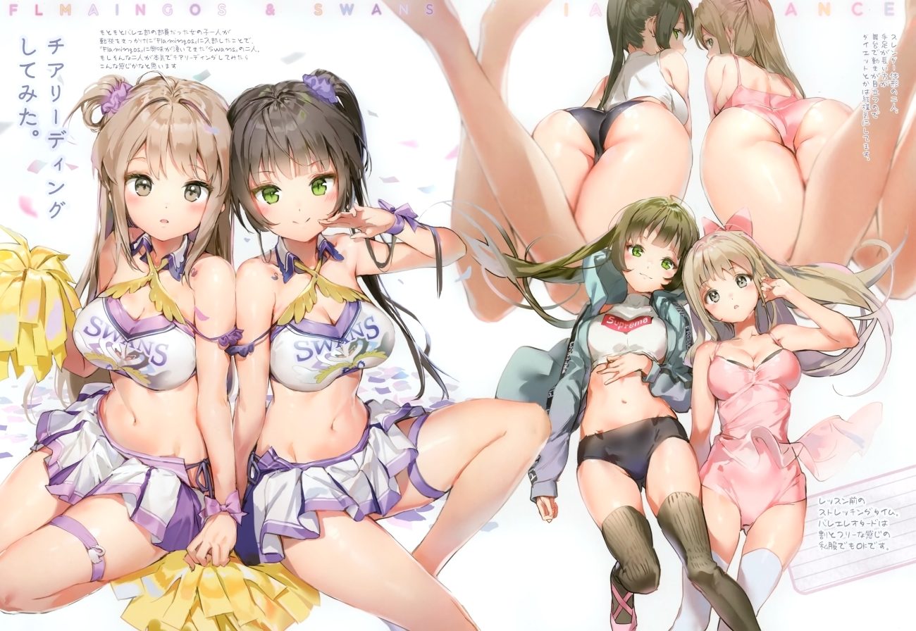 anmi black hair blush breasts brown eyes brown hair cheerleader cleavage green eyes long hair navel original ponytail scan skirt thighhighs
