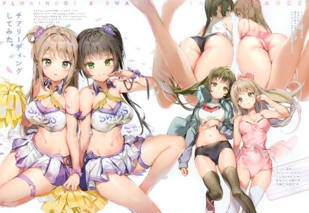 anmi black hair blush breasts brown eyes brown hair cheerleader cleavage green eyes long hair navel original ponytail scan skirt thighhighs