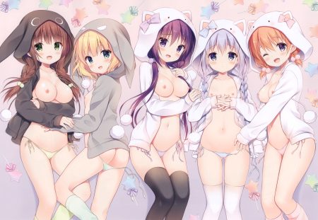 animal ears ass blonde hair blue eyes blue hair blush braids breast hold breasts brown hair cameltoe cropped flat chest futaba miwa gochuumon wa usagi desu ka? green eyes group hood hoto cocoa kafuu chino kirima sharo kneehighs loli long hair navel nipples no bra orange hair panties purple eyes purple hair scan short hair tail tedeza rize thighhighs twintails ujimatsu chiya underwear wink