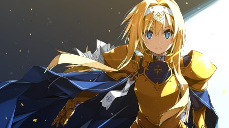 alice zuberg aqua eyes armor blonde hair bow cape gloves headdress long hair ribbons shikei sword art online sword art online alicization