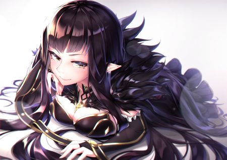 black hair breasts cleavage fate/grand order fate (series) long hair pointed ears semiramis takatun223 yellow eyes