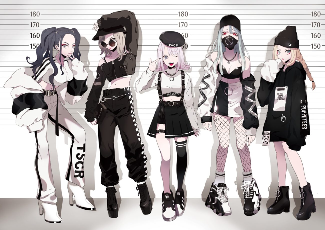 aliasing black hair boots braids breasts brown hair cleavage garter glasses gradient gray eyes group hat long hair mask navel necklace original pink hair puppeteer7777 red eyes short hair skirt thighhighs twintails wink