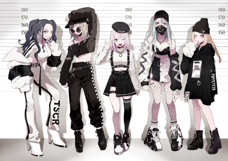 aliasing black hair boots braids breasts brown hair cleavage garter glasses gradient gray eyes group hat long hair mask navel necklace original pink hair puppeteer7777 red eyes short hair skirt thighhighs twintails wink