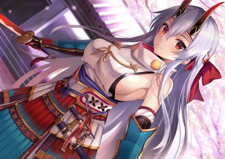aliasing armor breasts elbow gloves fate/grand order fate (series) gloves gray hair harimoji horns katana long hair red eyes ribbons samurai sideboob sword tomoe gozen weapon