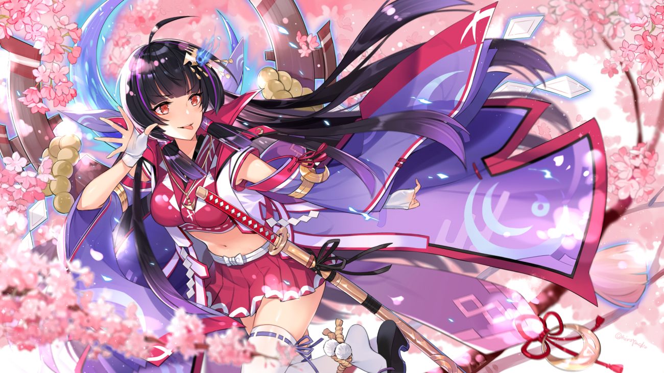 ark order black hair breasts catsizuru cherry blossoms flowers japanese clothes katana long hair miko navel petals red eyes signed skirt sword tagme (character) thighhighs weapon zettai ryouiki