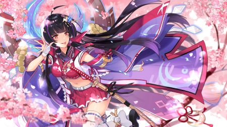 ark order black hair breasts catsizuru cherry blossoms flowers japanese clothes katana long hair miko navel petals red eyes signed skirt sword tagme (character) thighhighs weapon zettai ryouiki
