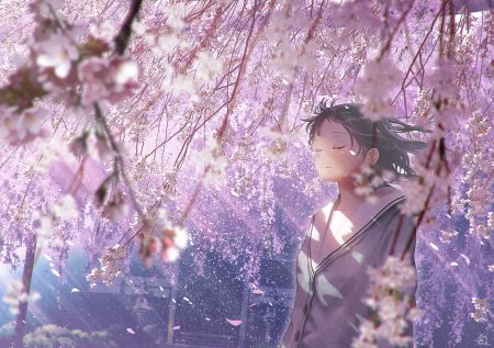 black hair cherry blossoms crying flowers mocha (cotton) original petals school uniform short hair signed tears