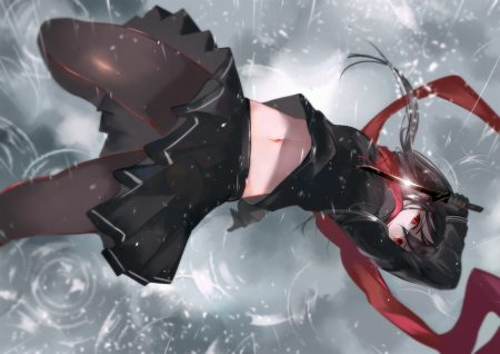black hair knife long hair navel original pantyhose rain red eyes scarf school uniform vardan water weapon