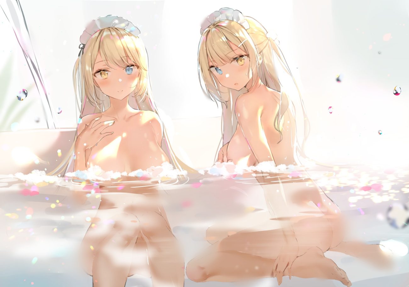 2girls ass barefoot bath bicolored eyes blonde hair blush breasts headdress kurut long hair nude original petals twins water