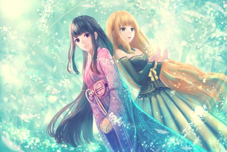2girls black eyes black hair blonde hair bou nin dress green eyes japanese clothes kimono long hair original petals