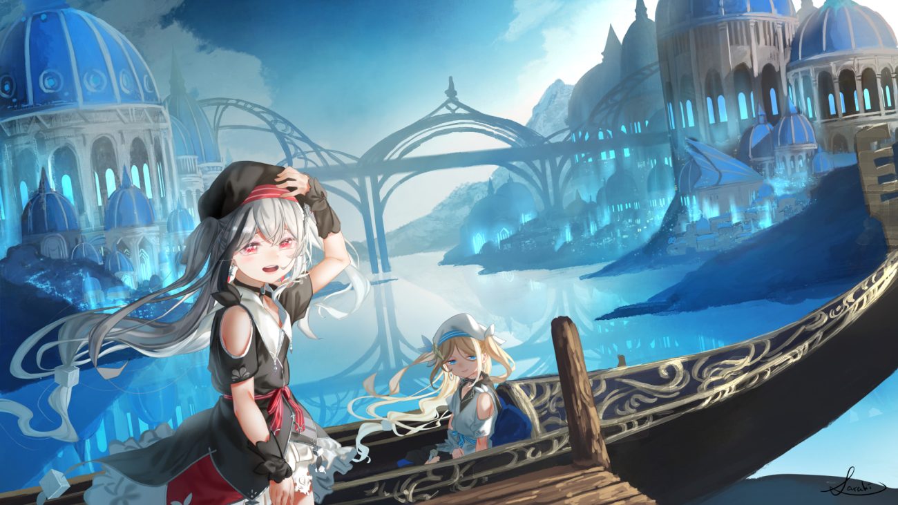 2girls aqua eyes blonde hair boat building city clouds gray hair hat long hair original red eyes reflection saraki signed sky water