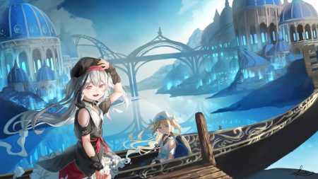 2girls aqua eyes blonde hair boat building city clouds gray hair hat long hair original red eyes reflection saraki signed sky water
