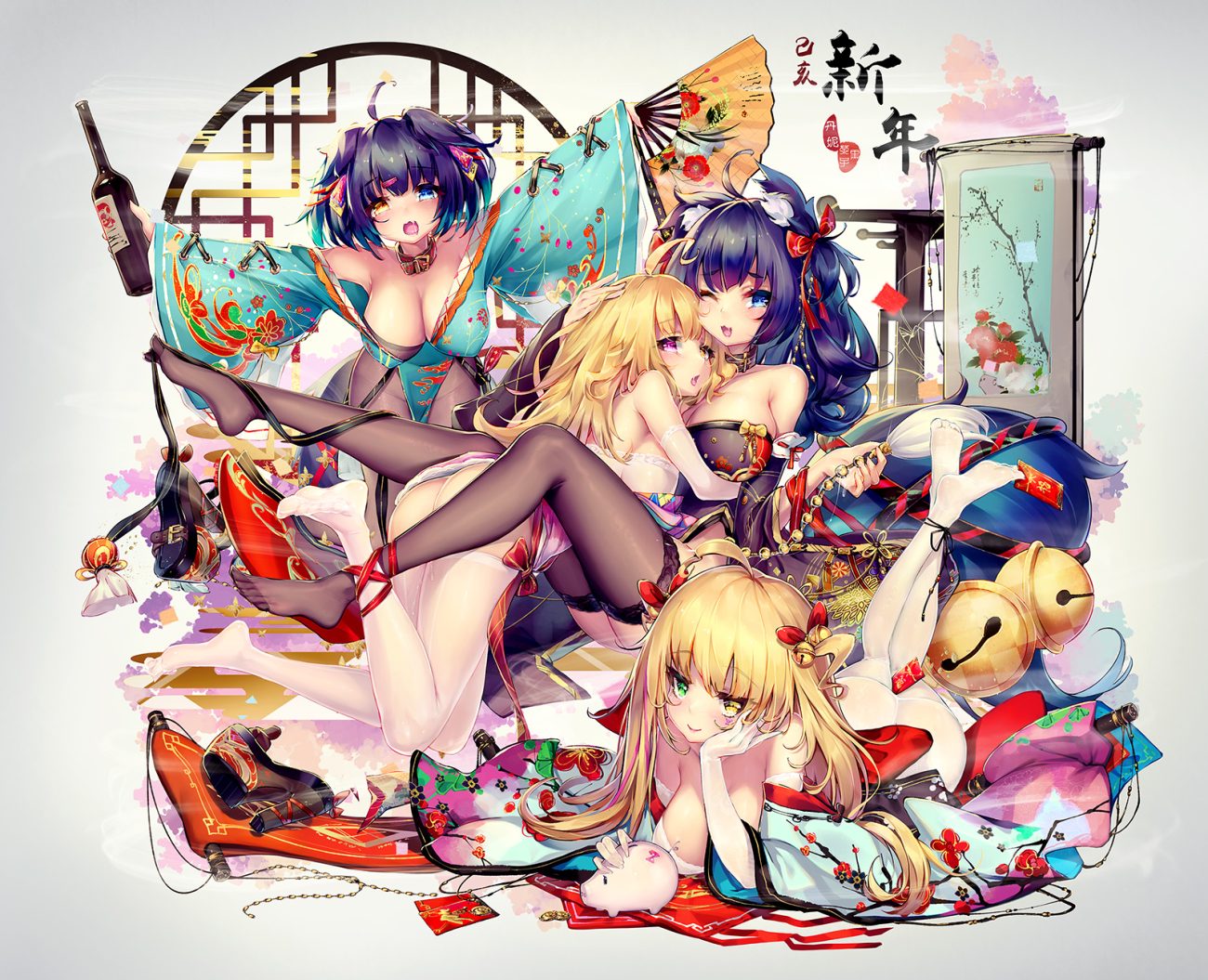 2girls animal ears aqua eyes ass bell bicolored eyes blonde hair blue hair breasts cat smile cleavage collar dk senie elbow gloves foxgirl gloves hug japanese clothes jpeg artifacts long hair nopan original pantyhose pussy juice tail thighhighs wink