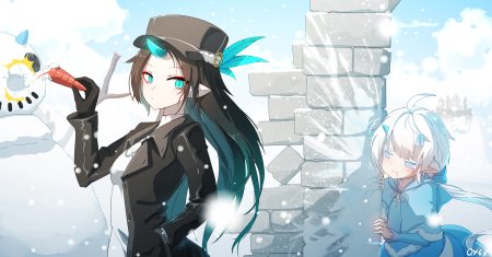 2girls aqua eyes brown hair feathers gloves gray hair hat horns loli lolita fashion long hair original pixiv fantasia pointed ears qys3 short hair signed snow snowman