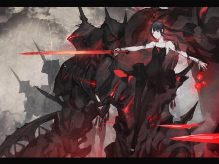 armor black hair dress ishinarimaru shouten long hair mecha original pantyhose pixiv fantasia red eyes sword twintails weapon