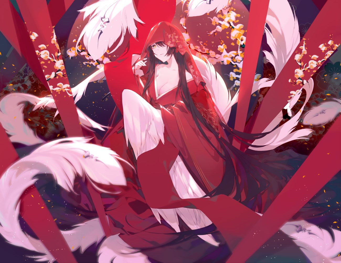 breasts brown hair cleavage feathers headdress japanese clothes kimono long hair miyuki (miyuki 05290) original wings yellow eyes