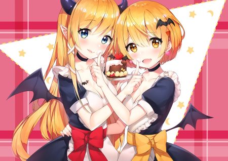 2girls apron ayamy blush bow breasts cake choker cleavage demon fang food green eyes heart hololive horns long hair maid orange eyes orange hair pointed ears short hair wings yozora mel yuzuki choco